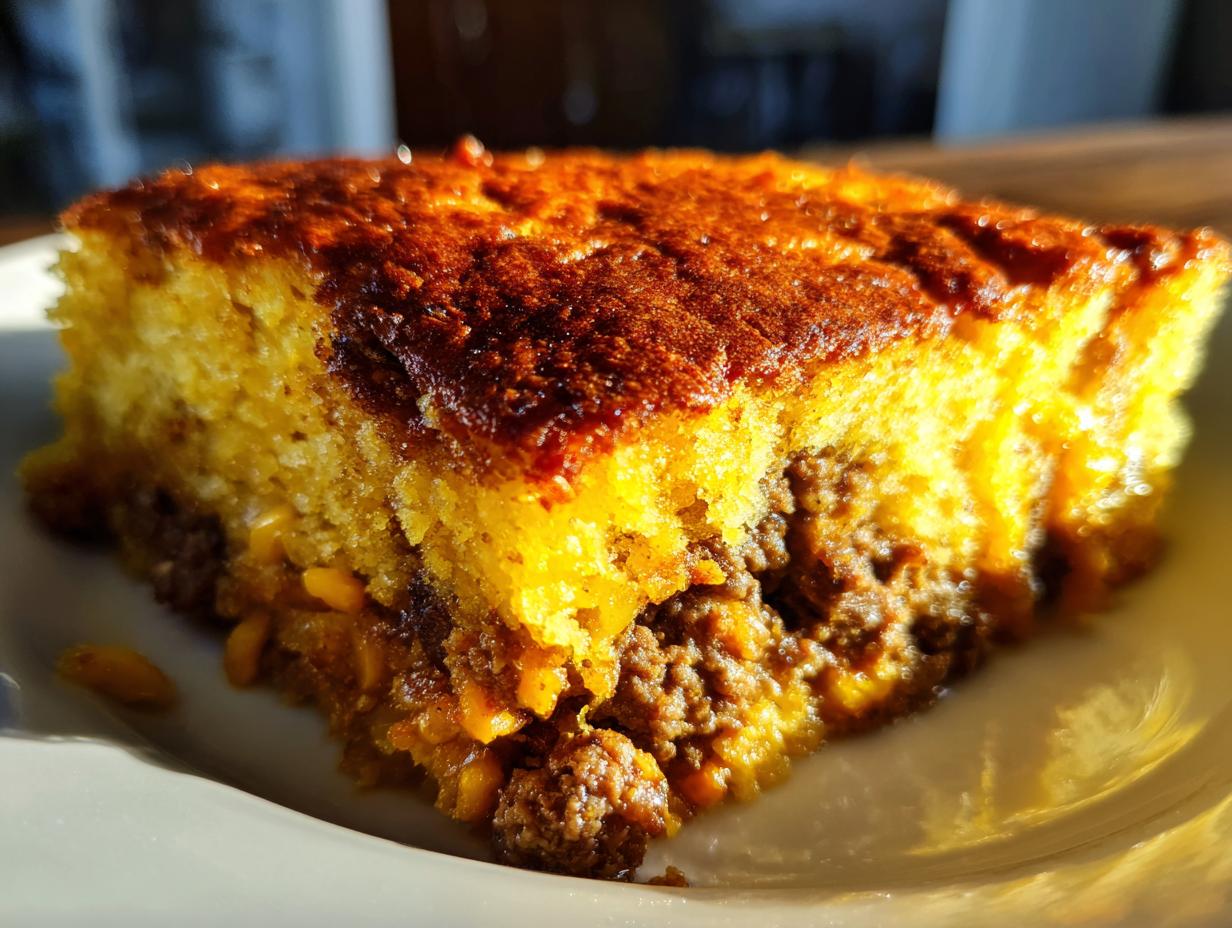 Close-up of a golden slice of mexican cornbread casserole showing the savory meat filling below the cornbread top.