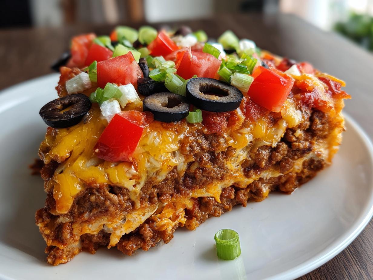 A thick slice of layered Mexican pizza topped with melted cheese, tomatoes, olives, and green onions.