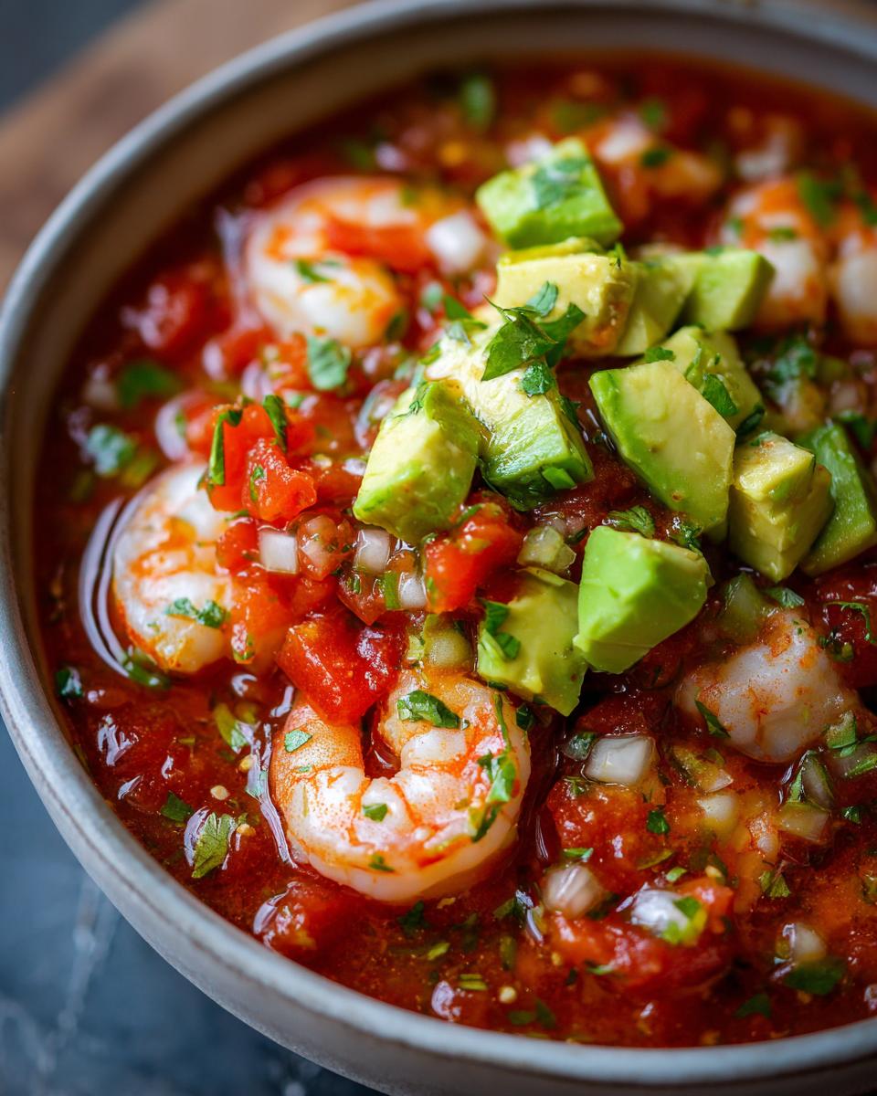 A close-up shot of a bowl filled with vibrant mexican shrimp cocktail, featuring plump shrimp, tomato sauce, and diced avocado.