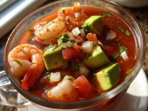 Close-up of a glass filled with vibrant Mexican shrimp cocktail, featuring plump shrimp, avocado chunks, and diced onions in tomato juice.