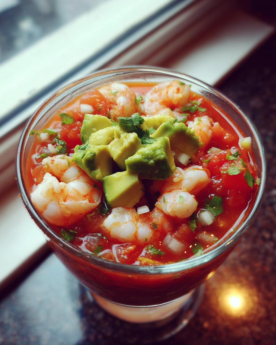 Close-up of a glass filled with vibrant mexican shrimp cocktail, topped with diced avocado and cilantro.