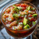 A close-up view of a glass filled with vibrant mexican shrimp cocktail, featuring plump shrimp, diced avocado, onion, and tomato sauce.