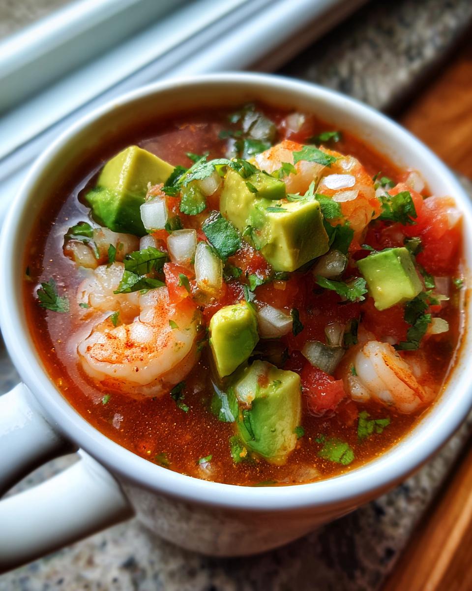 Close-up of a white mug filled with vibrant mexican shrimp cocktail, topped with avocado chunks and cilantro.