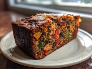Close-up of a moist slice of fruit cake packed with colorful candied fruits and raisins, served on a white plate.