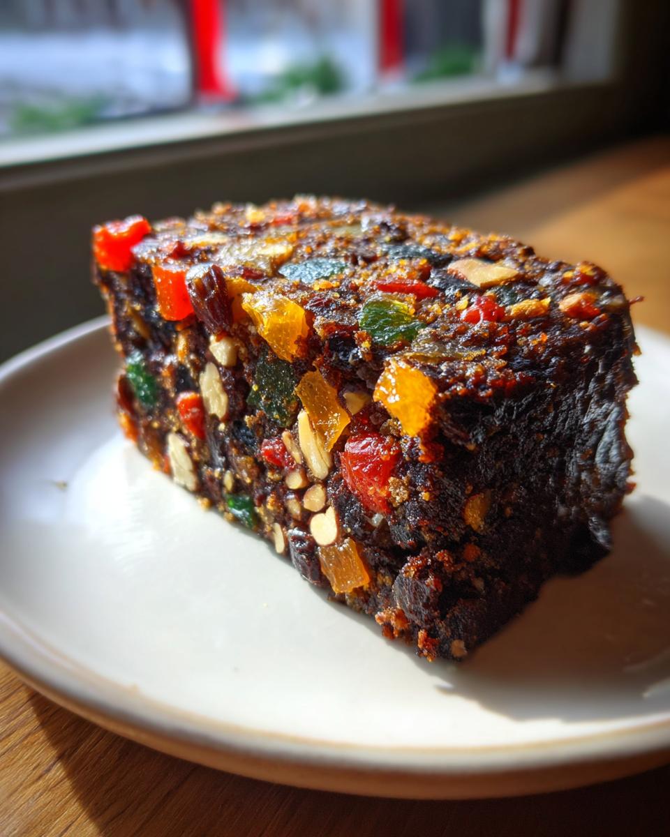 A close-up, sunlit slice of moist fruit cake packed with colorful candied fruits and nuts on a white plate.