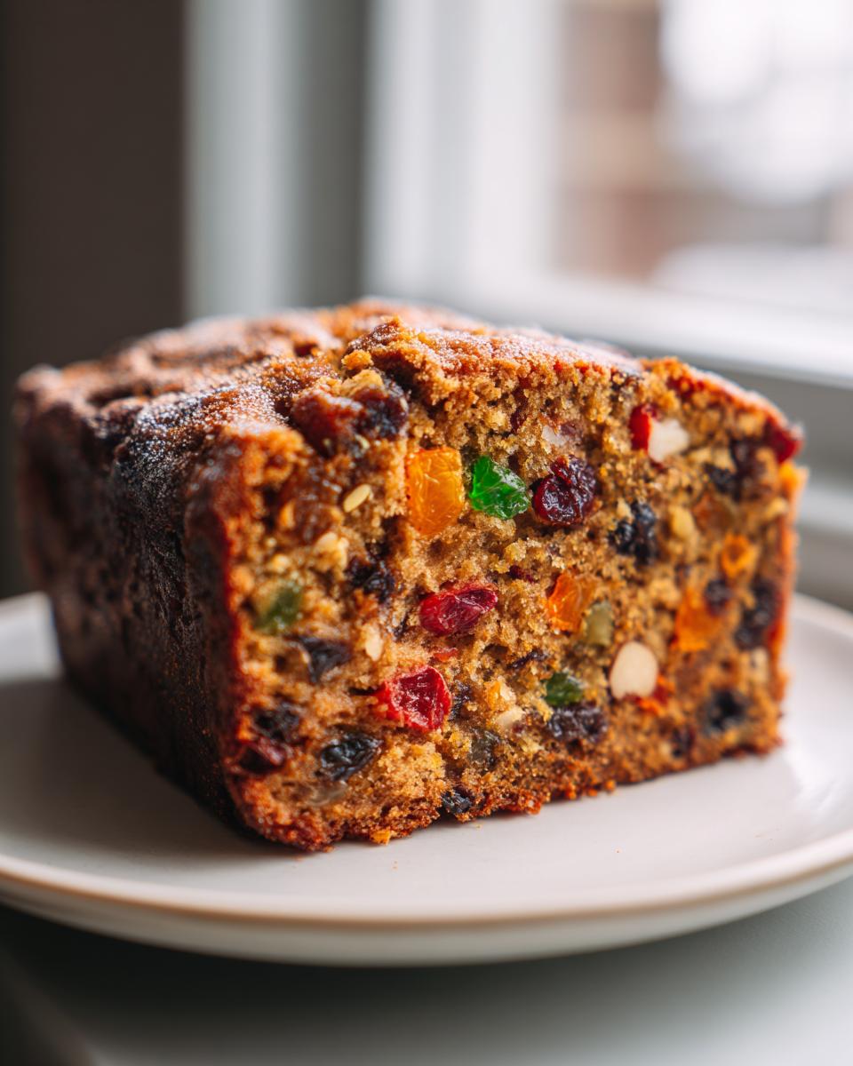 A close-up of a moist slice of homemade fruit cake loaded with colorful candied fruits and nuts, sitting on a white plate.