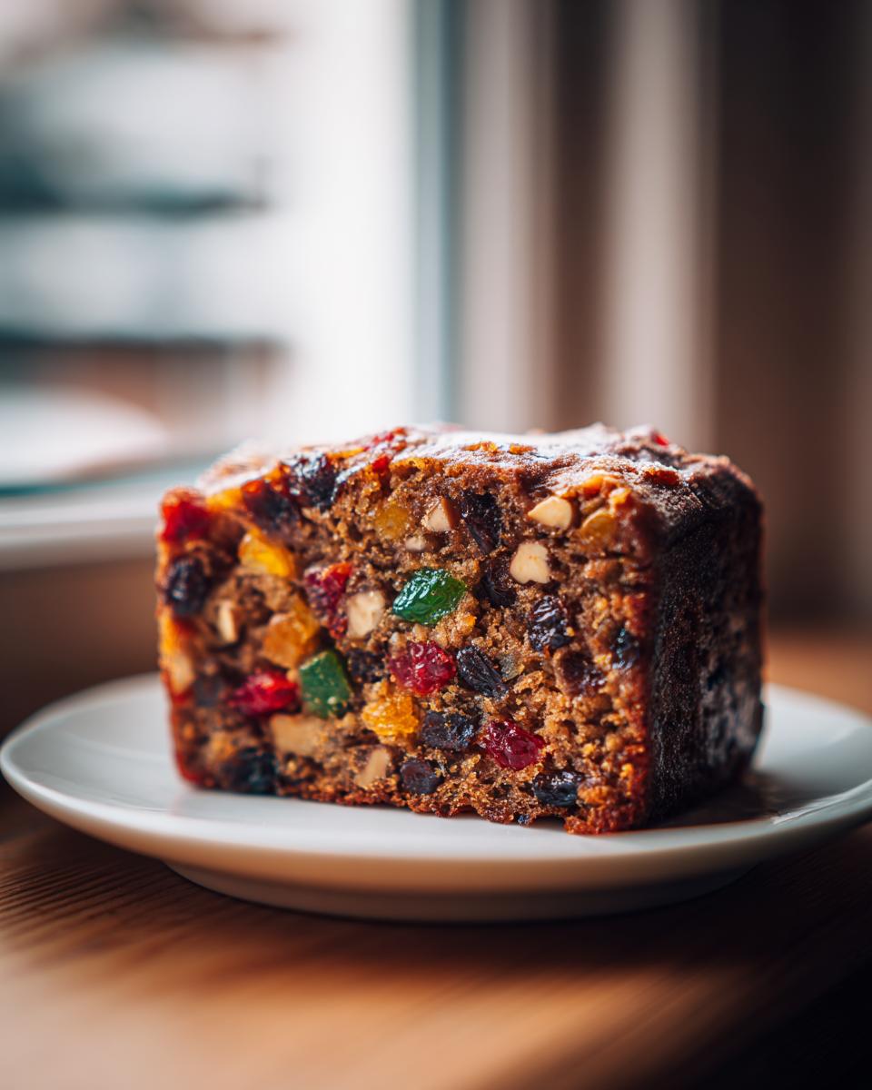 A close-up of a moist slice of fruit cake, packed with colorful candied fruits and nuts, served on a white plate.
