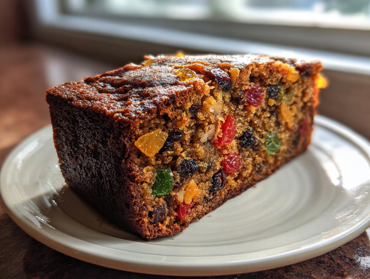 Close-up of a moist slice of fruit cake packed with colorful candied fruits and raisins, served on a white plate.