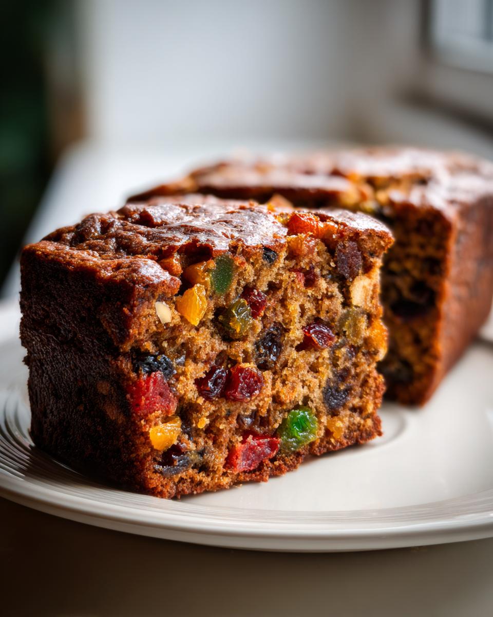 Close-up of a thick, moist slice of homemade fruit cake packed with colorful candied fruits and nuts.