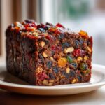 Close-up of a thick slice of moist fruit cake packed with colorful dried fruits and nuts.