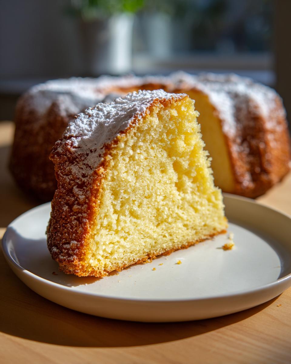Close-up of a moist slice of olive oil cake dusted with powdered sugar, with the rest of the bundt cake in the background.
