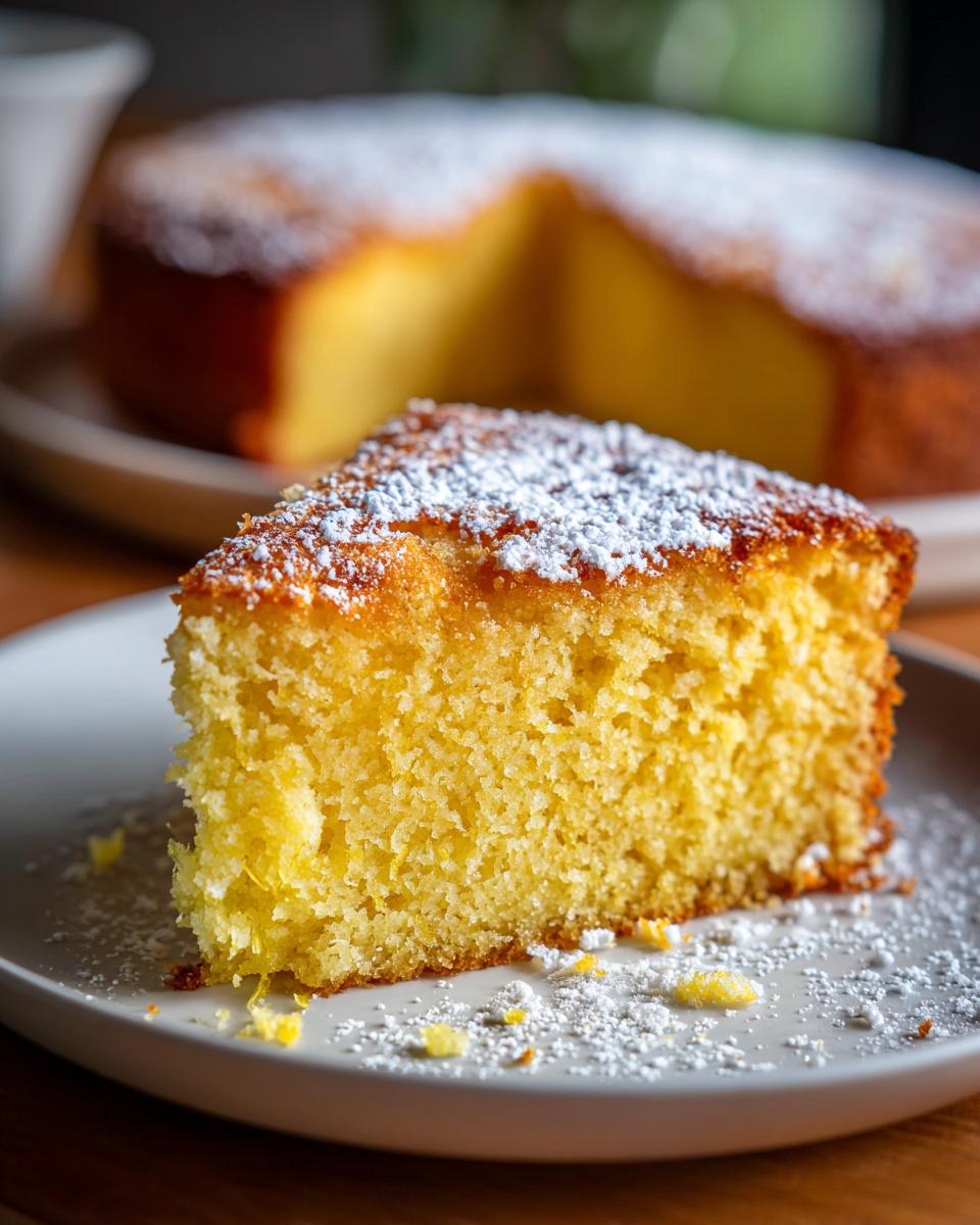 Close-up of a slice of moist, yellow olive oil cake dusted generously with powdered sugar on a plate.