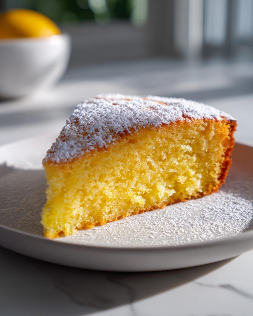 A close-up of a moist, yellow slice of olive oil cake dusted heavily with powdered sugar on a white plate.