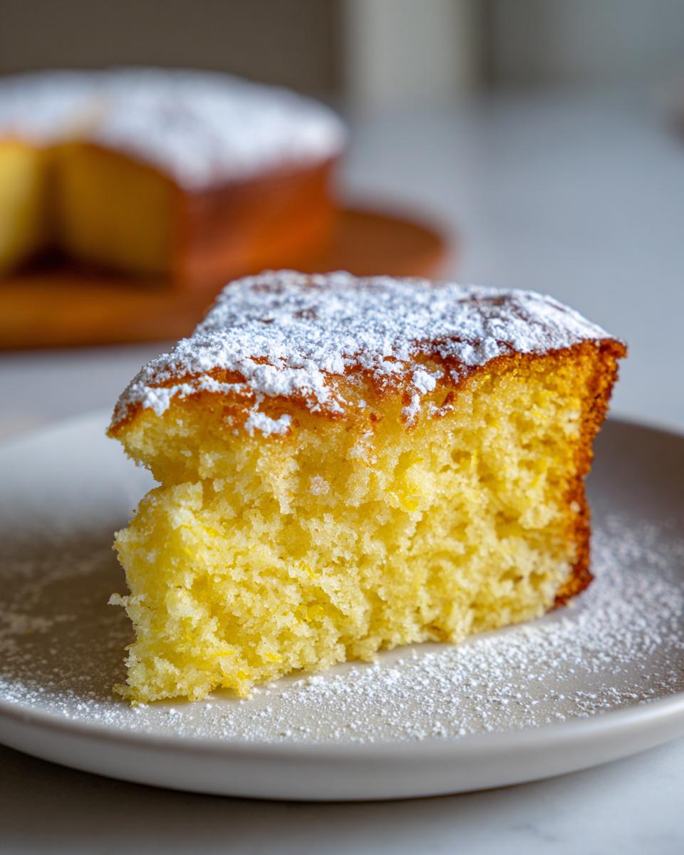 Close-up of a moist slice of yellow olive oil cake dusted heavily with powdered sugar on a light plate.