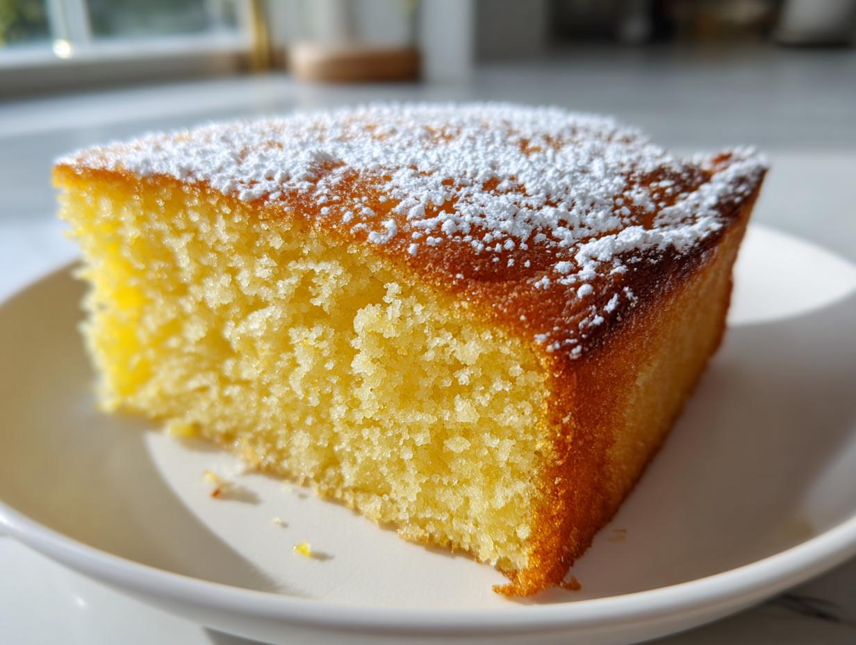 Close-up of a moist, golden slice of olive oil cake dusted generously with powdered sugar, sitting on a white plate.