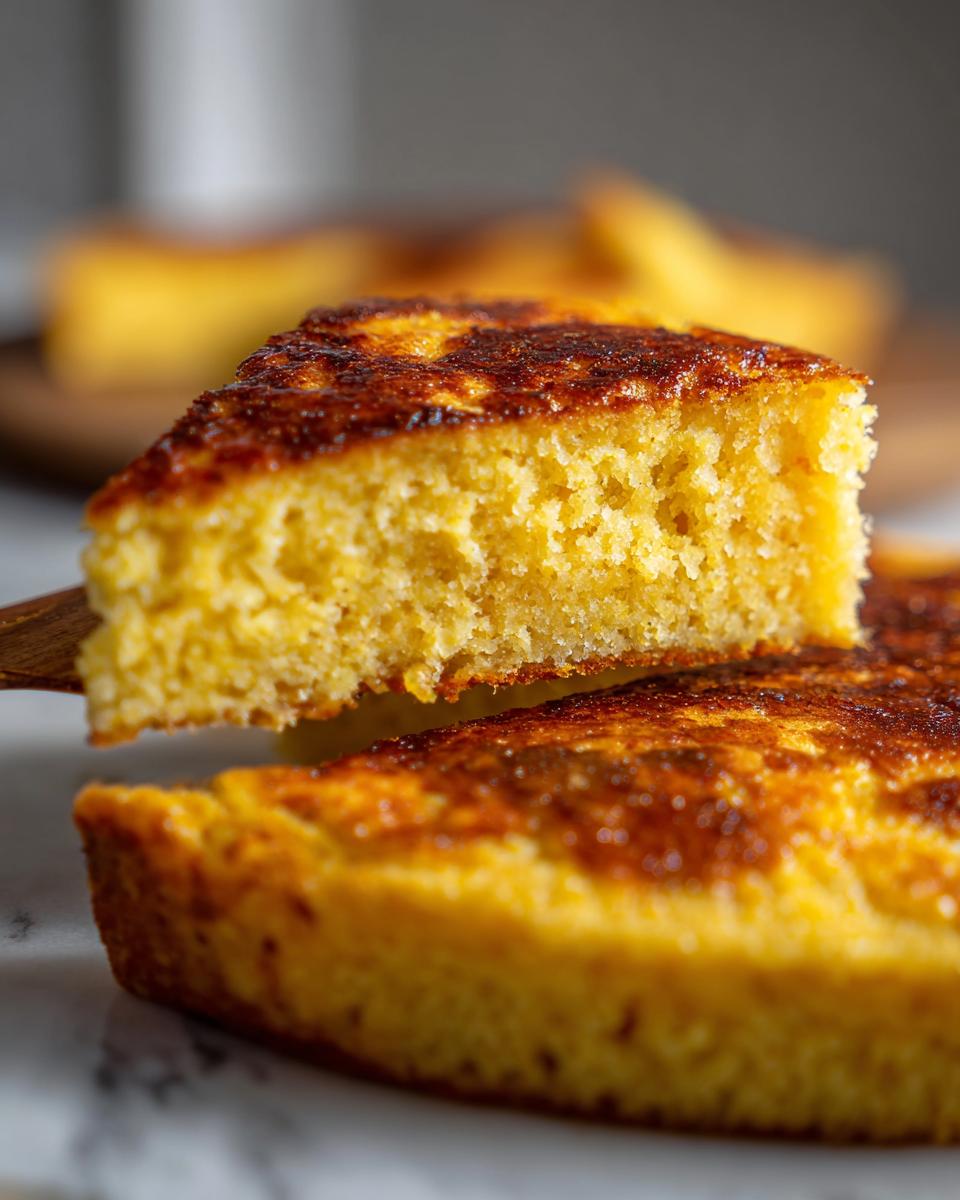 Close-up of a moist slice being lifted from a round sourdough cornbread, showing the golden crumb and dark, caramelized top.