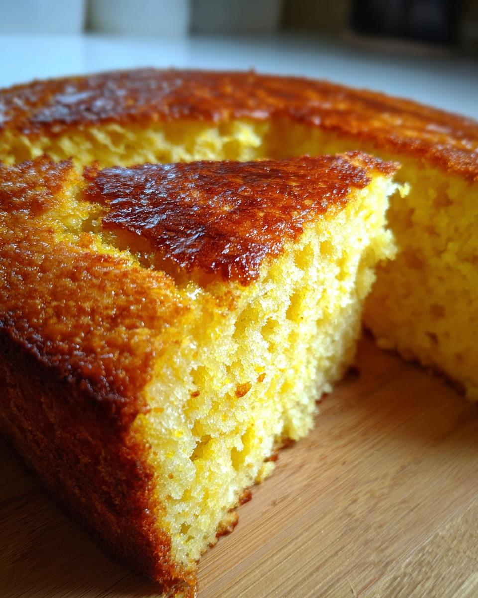 Close-up of a moist slice of golden yellow sourdough cornbread with a dark, caramelized crust.