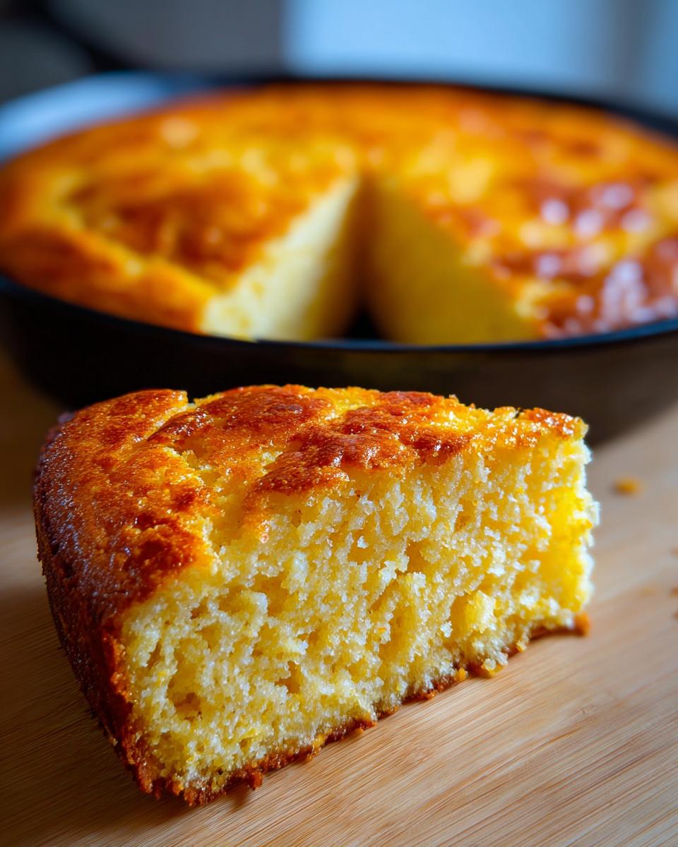 Close-up of a moist slice of golden sourdough cornbread resting on a wooden board, with the rest of the loaf blurred in a cast iron skillet behind it.