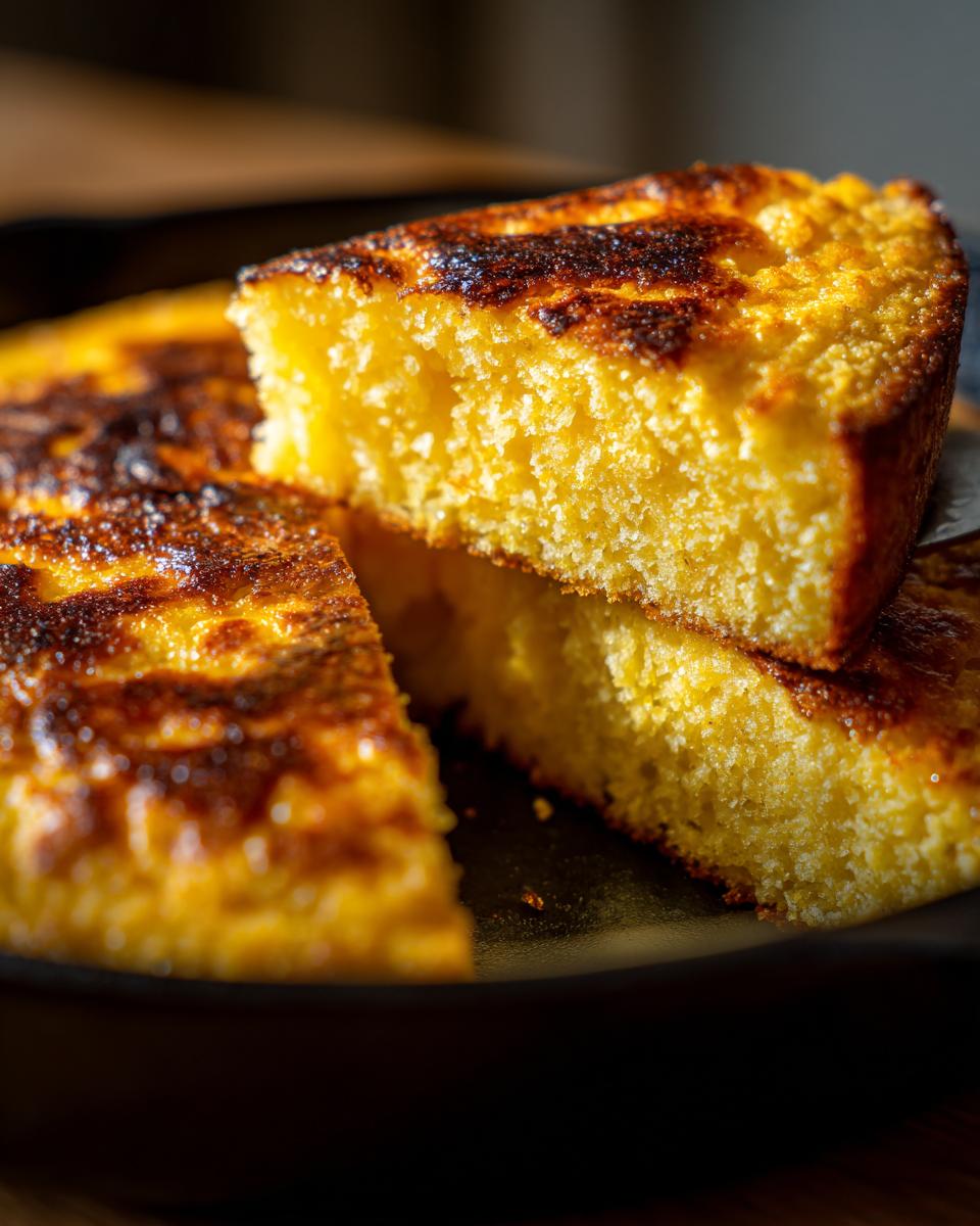Close-up of a moist slice of golden sourdough cornbread being lifted from the pan, showing a dark, caramelized crust.