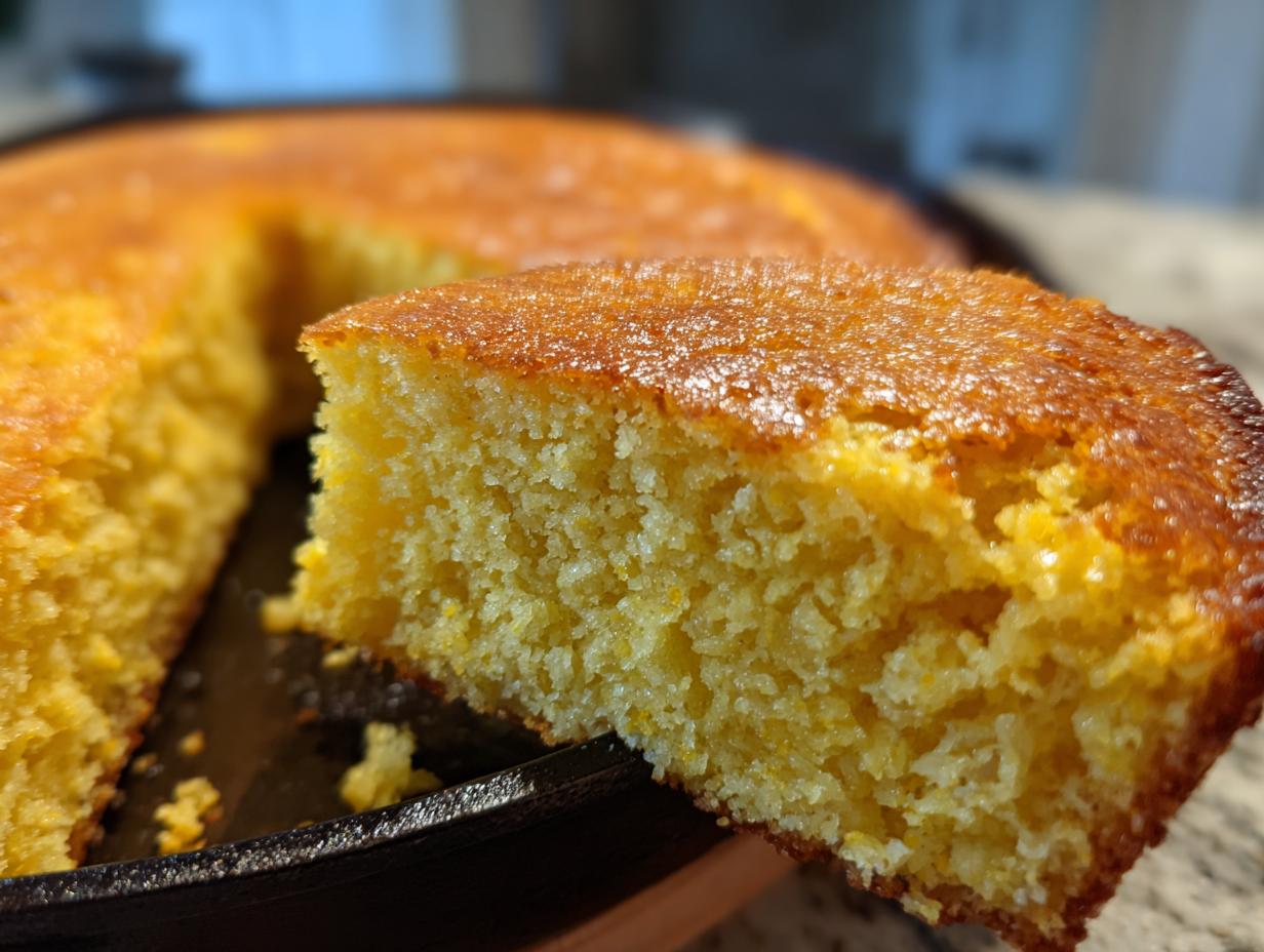 Close-up of a moist slice of golden sourdough cornbread being lifted from the rest of the loaf in a cast iron skillet.