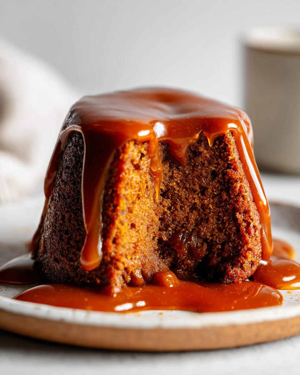 Close-up of a moist sticky toffee pudding recipe portion drenched in rich, flowing caramel sauce.