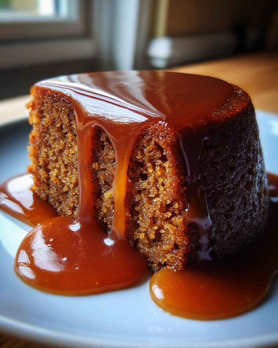 Close-up of a rich, moist sticky toffee pudding recipe slice drenched in thick, glossy caramel sauce.
