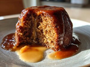 A close-up of a moist sticky toffee pudding recipe portion, drenched in rich toffee sauce on a speckled plate.