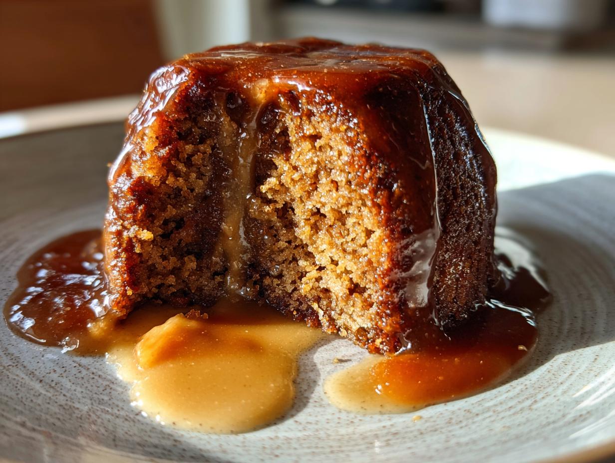 A close-up of a moist sticky toffee pudding recipe portion, drenched in rich toffee sauce on a speckled plate.