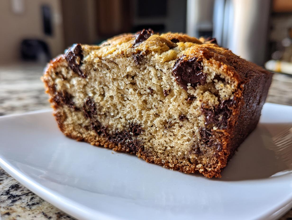 Close-up of a moist slice of vegan banana bread packed with melted chocolate chips, resting on a white plate.
