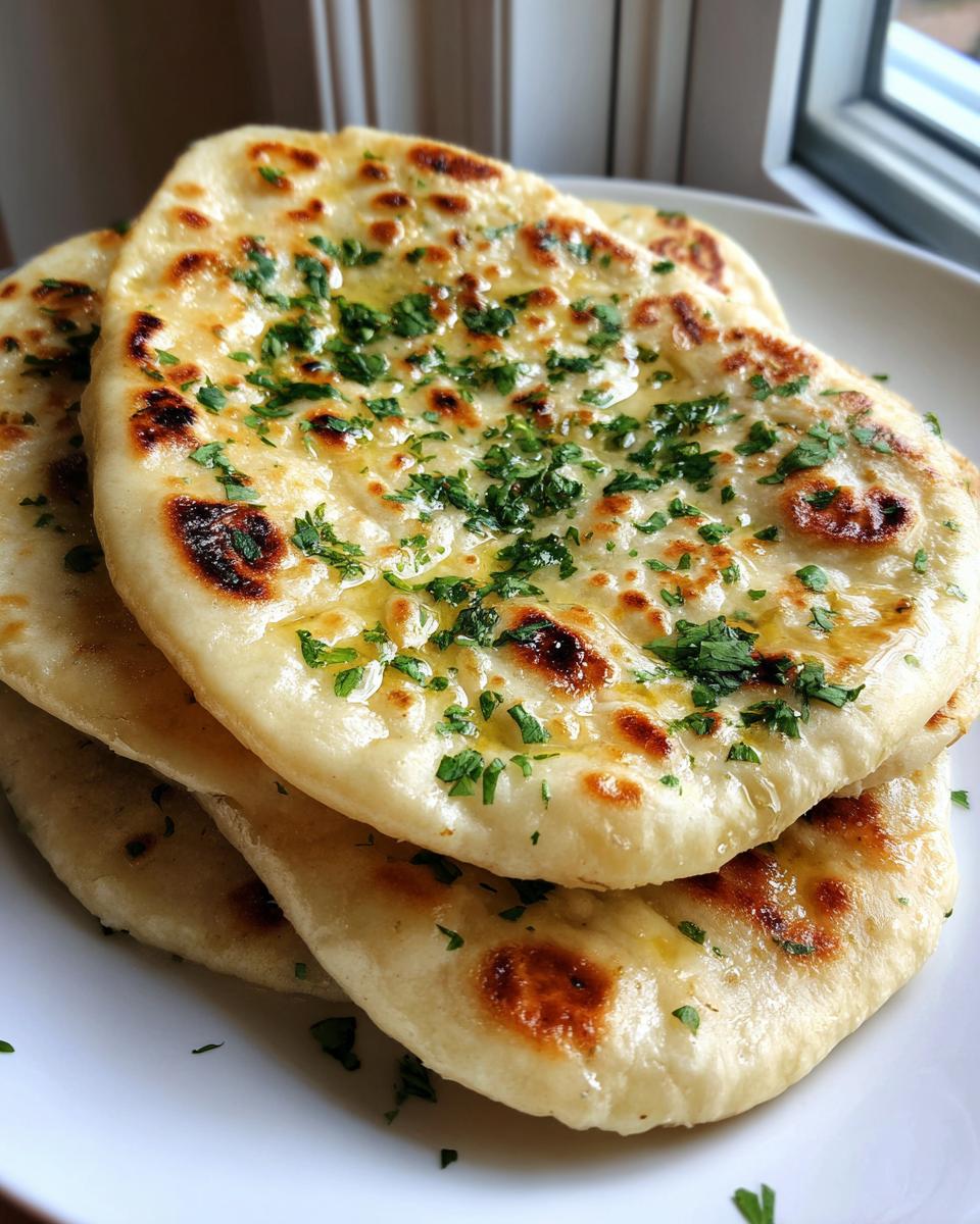 Close-up of a stack of freshly made naan bread recipe, brushed with melted butter and topped with chopped parsley.
