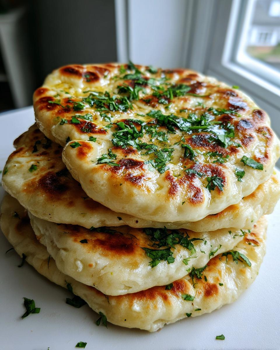 A stack of four fluffy, golden-brown naan bread rounds topped with melted butter and fresh chopped cilantro.