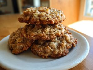 A stack of four freshly baked, textured oatmeal cookies resting on a light-colored plate.