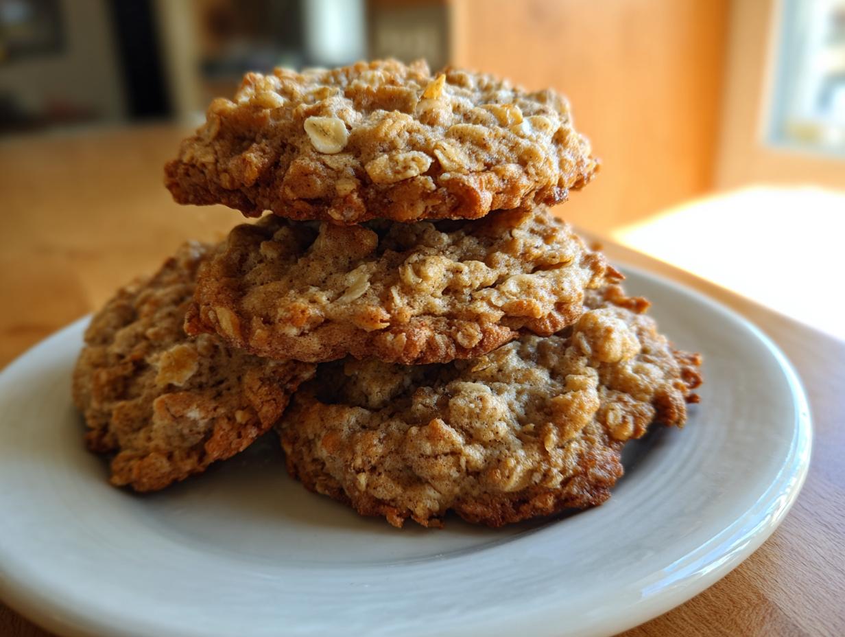 A stack of four freshly baked, textured oatmeal cookies resting on a light-colored plate.