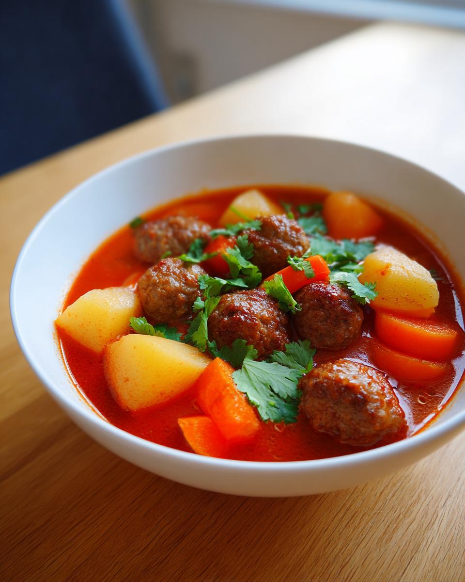 Close-up of a white bowl filled with rich, red albondigas soup containing meatballs, potatoes, carrots, and cilantro.