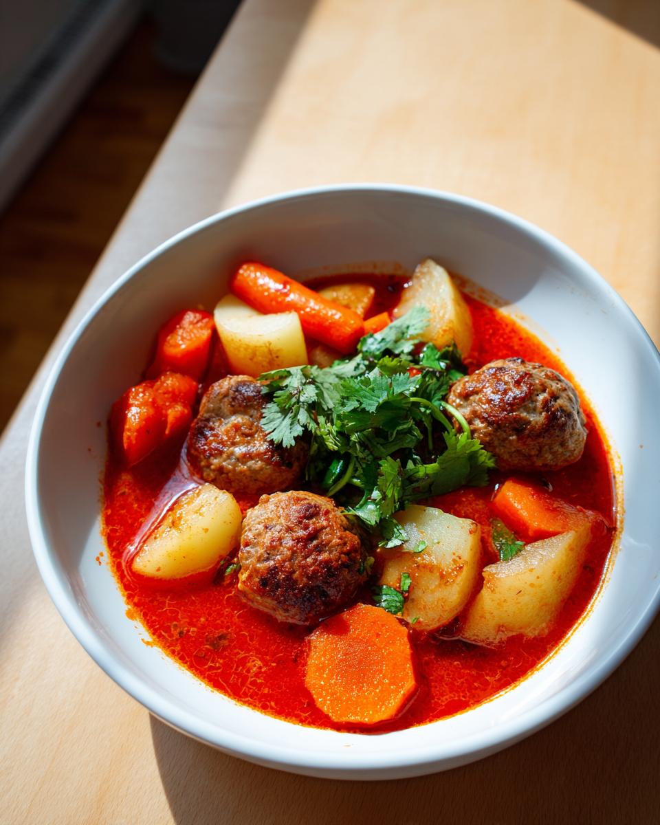 A close-up overhead view of a white bowl filled with rich red albondigas soup, featuring meatballs, potatoes, carrots, and fresh cilantro.