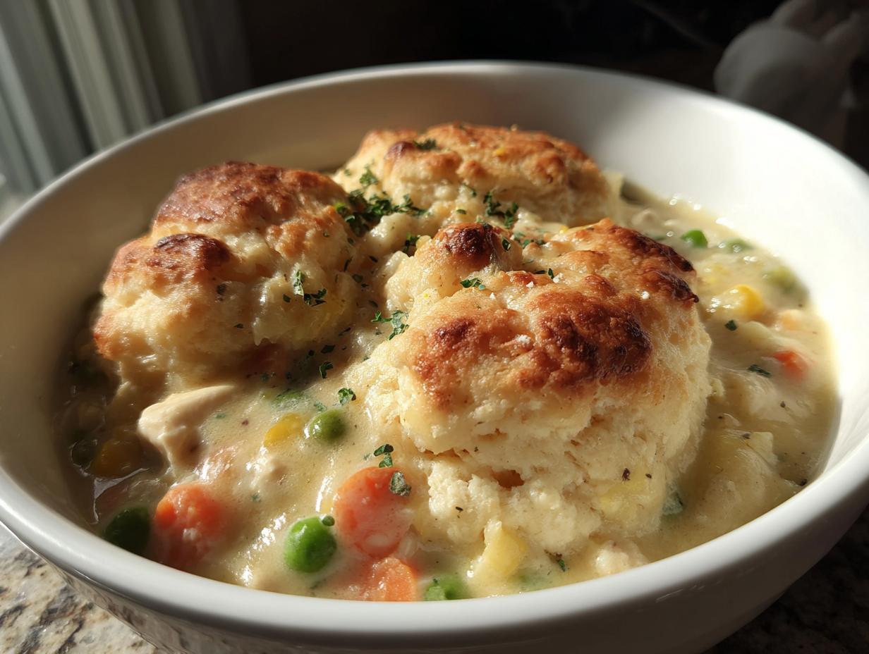 Close-up of a bowl of creamy chicken and dumplings with biscuits, featuring carrots and peas.