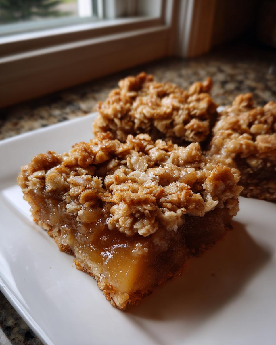 A close-up of a square slice of baked pear crisp bar showing gooey fruit filling and a thick, textured oat crumble topping.