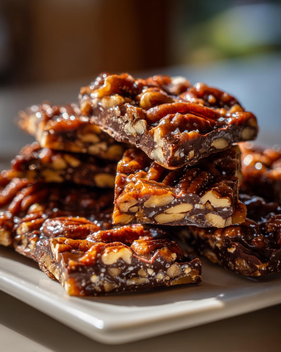 Close-up of stacked squares of rich, glossy Pecan Pie Bark loaded with pecans and chocolate.