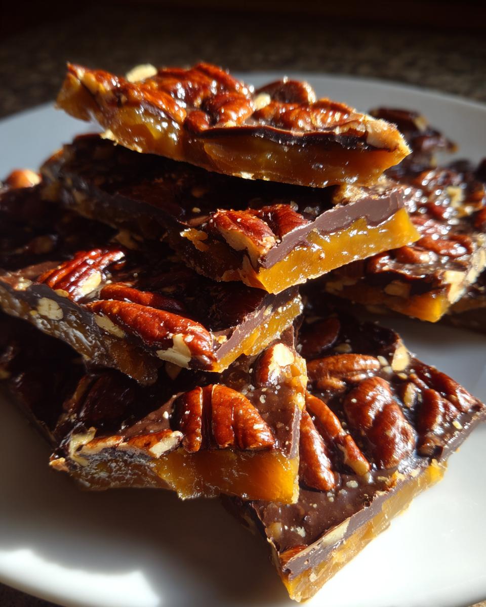 A stack of broken pieces of shiny Pecan Pie Bark featuring pecans, caramel, and chocolate layers.
