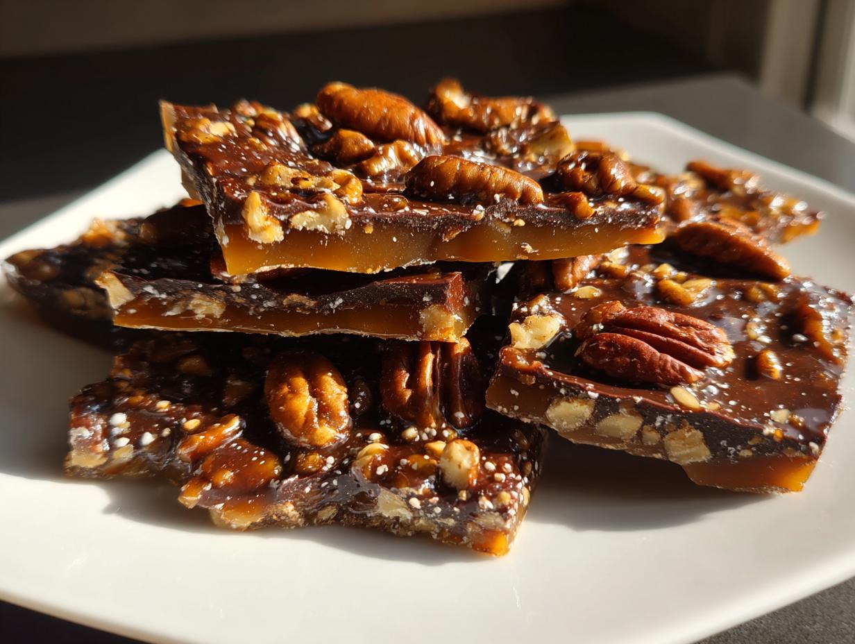 Close-up of stacked, broken pieces of rich, glossy Pecan Pie Bark topped with whole and chopped pecans.