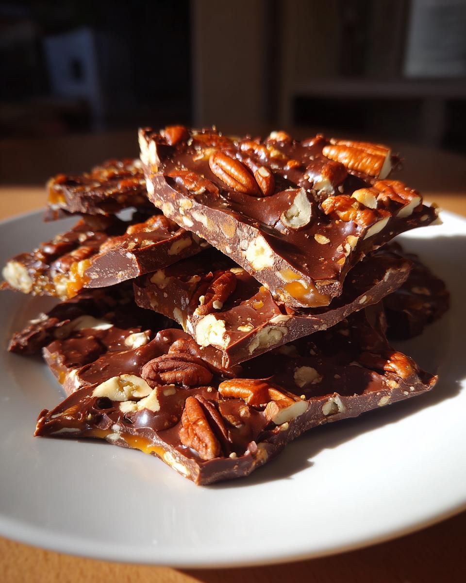A stack of broken pieces of rich, dark Pecan Pie Bark topped with whole and chopped pecans, sitting on a white plate.