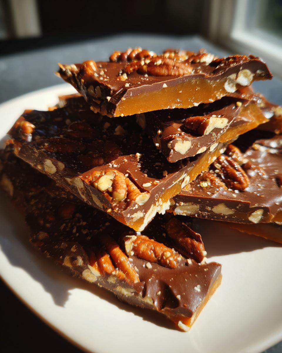 A stack of broken pieces of rich chocolate and caramel Pecan Pie Bark topped with whole pecans.