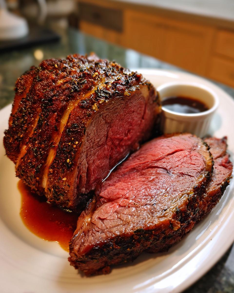 A beautifully cooked prime rib recipe roast, sliced medium-rare, served with au jus on a white plate.