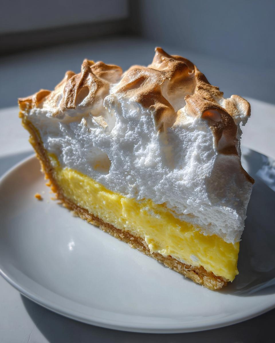 A tall, perfect slice of lemon meringue pie showing a thick layer of toasted meringue over bright yellow lemon filling.