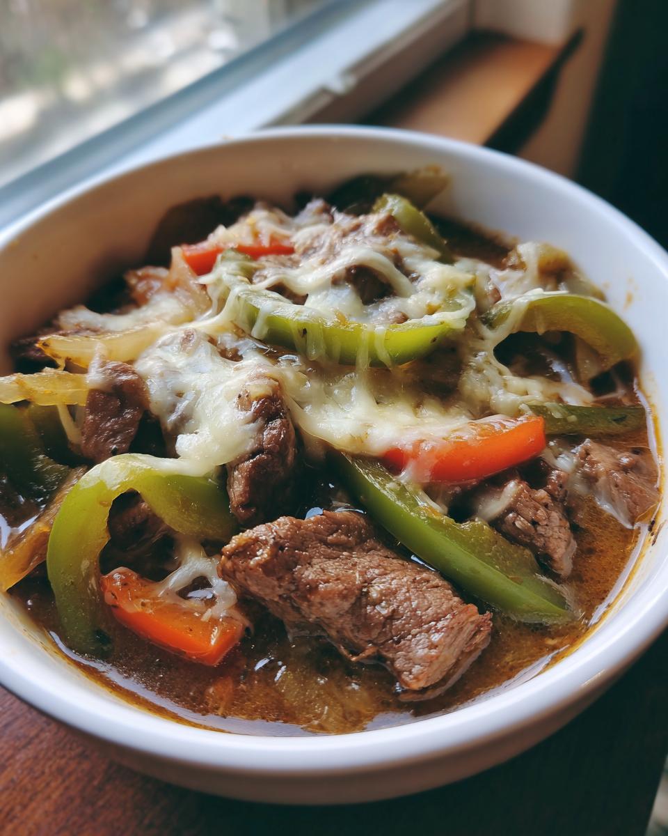Close-up of a white bowl filled with rich philly cheese steak soup, featuring chunks of beef, green peppers, and melted white cheese on top.