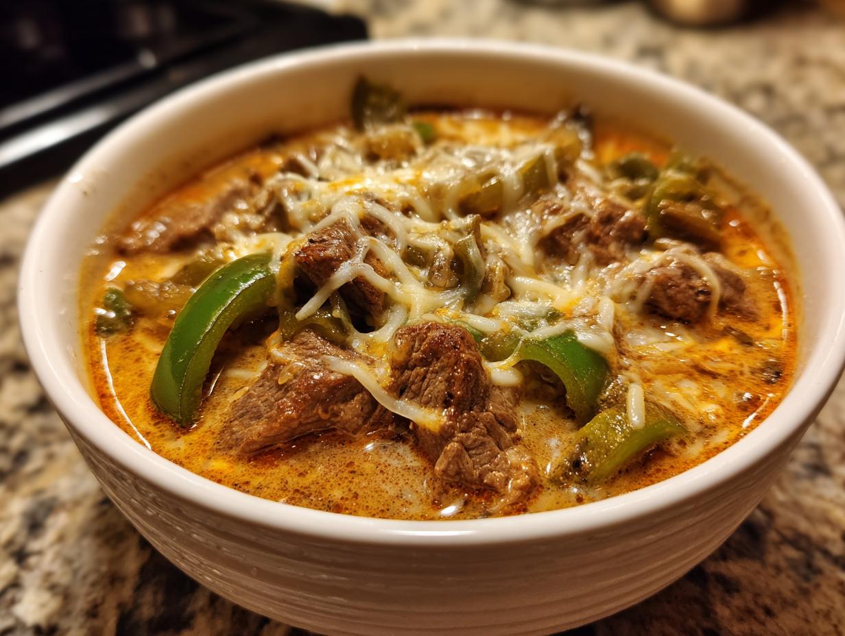 Close-up of a hearty bowl of philly cheese steak soup, featuring beef, green peppers, and melted white cheese.