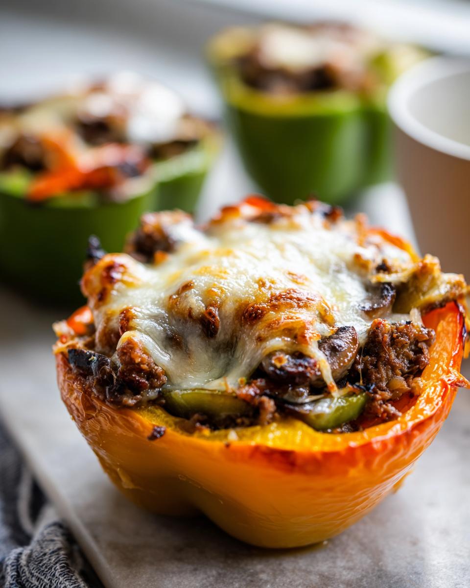 Close-up of a baked philly cheesesteak stuffed pepper, topped with melted, browned cheese.