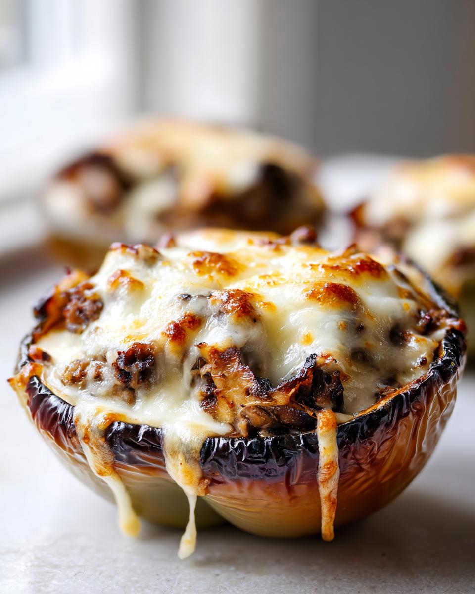Close-up of a baked philly cheesesteak stuffed pepper topped with bubbly, melted provolone cheese.