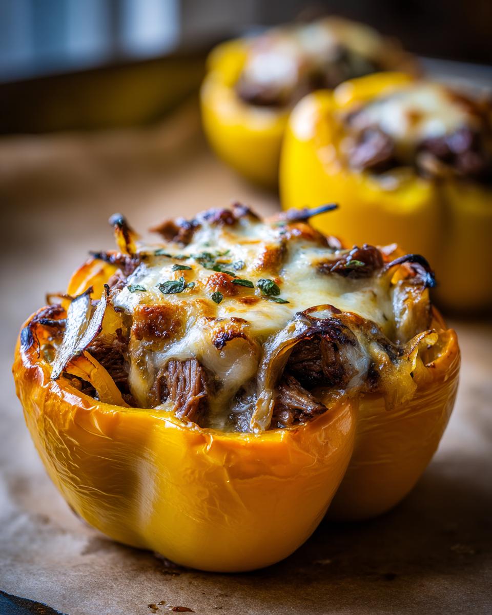 Close-up of a baked yellow bell pepper filled with shredded beef, onions, and melted cheese, resembling philly cheesesteak stuffed peppers.