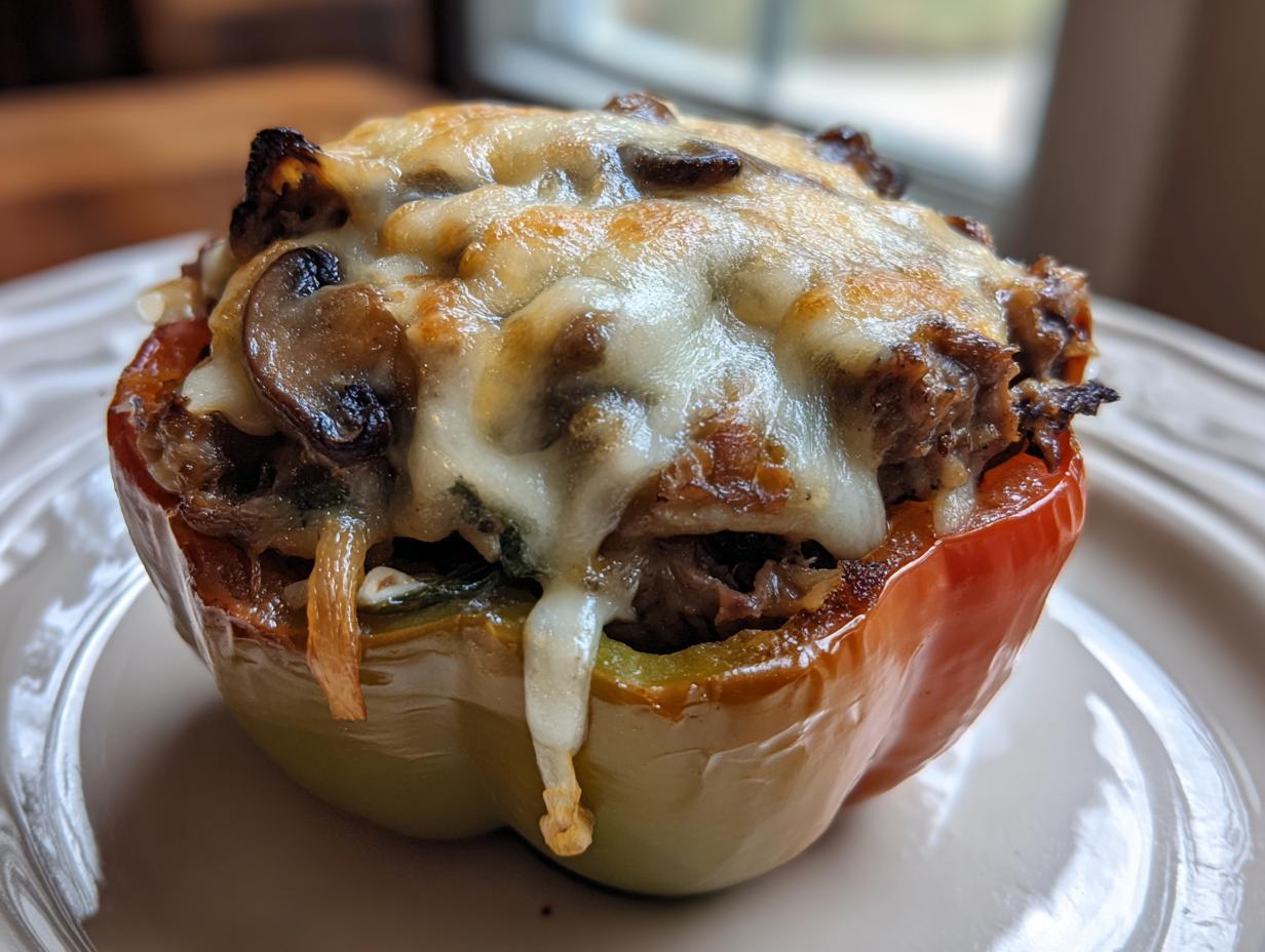 Close-up of a baked philly cheesesteak stuffed pepper topped with melted, bubbly cheese and mushrooms.